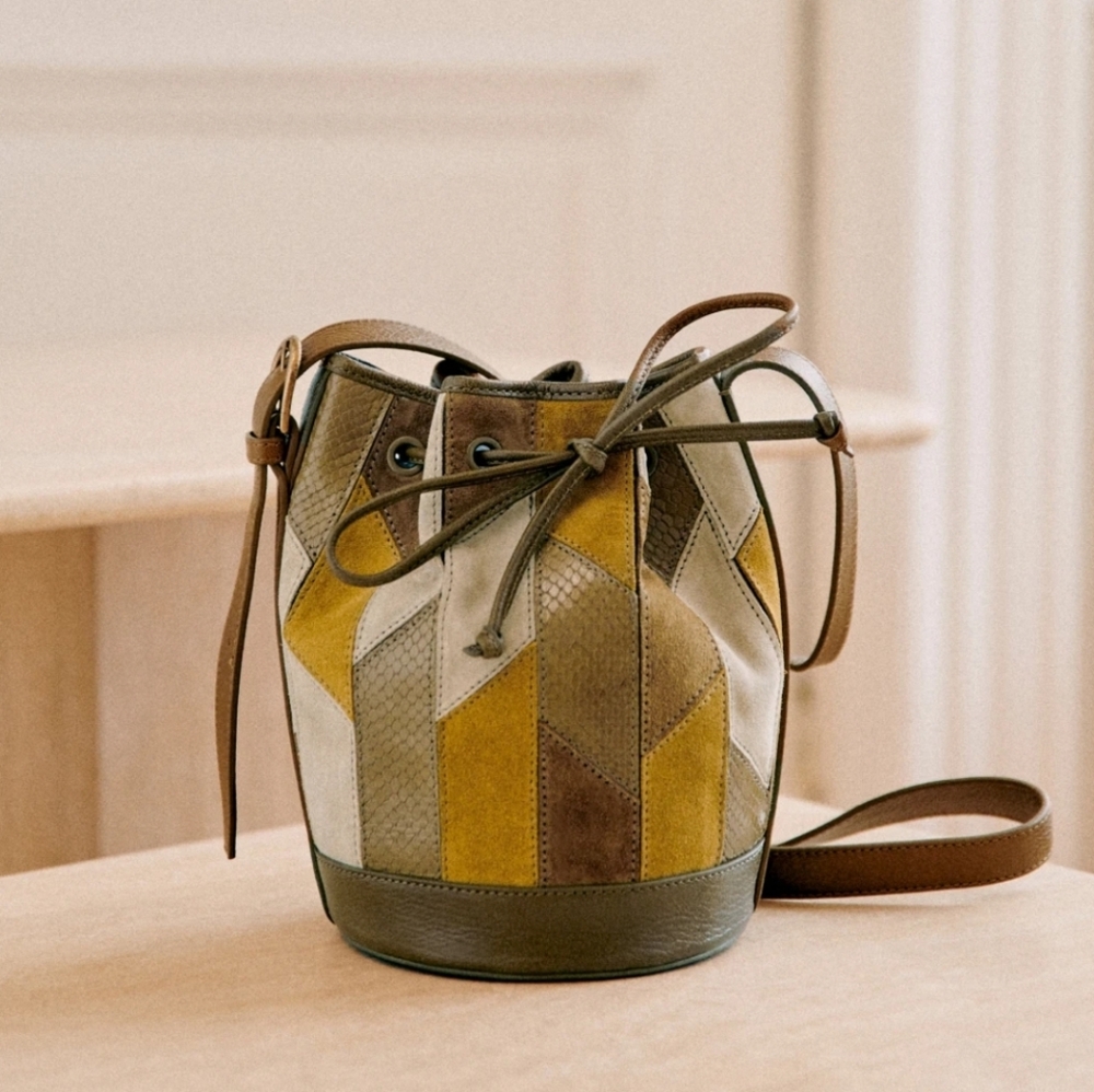 Sezane Farrow Mini Bag - Green and Brown Patchwork